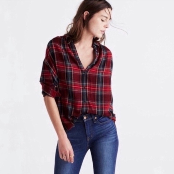 Madewell Central Red Plaid Flannel Button Down Shirt - Picture 1 of 16